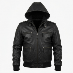 Men's Black Hooded Vintage Leather Performance Zip Front Motorcycle Jacket