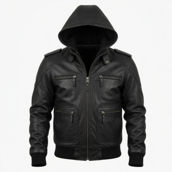 Men's Black Hooded Vintage Leather Performance Zip Front Motorcycle Jacket
