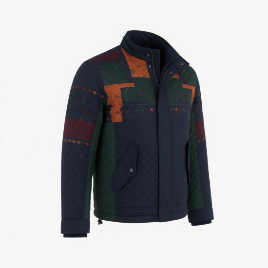 Men's Multicolour Quilted Embroidered Cotton Travel Shell Jacket