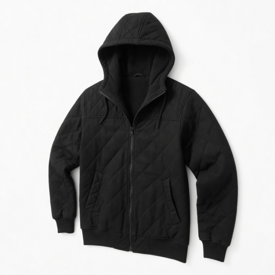 Men's Black Hooded Quilted Wool Vintage Casual Zip Front Fleece Jacket