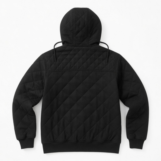 Men's Black Hooded Quilted Wool Vintage Casual Zip Front Fleece Jacket