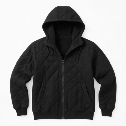 Men's Black Hooded Quilted Wool Vintage Casual Zip Front Fleece Jacket