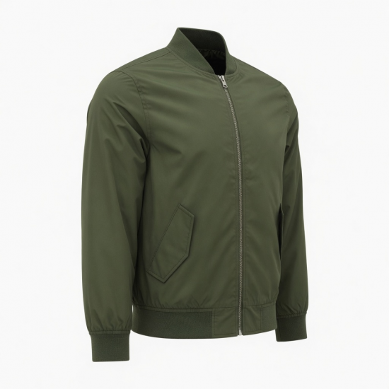 Men's Green Polyester Regular Fit Zip Front Bomber Jacket