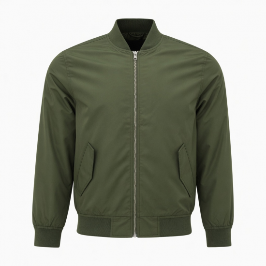Men's Green Polyester Regular Fit Zip Front Bomber Jacket