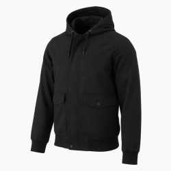 Men's Black Hooded Cotton Workwear Regular Fit Bomber Jacket