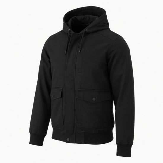Men's Black Hooded Cotton Workwear Regular Fit Bomber Jacket