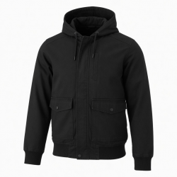 Men's Black Hooded Cotton Workwear Regular Fit Bomber Jacket