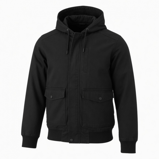 Men's Black Hooded Cotton Workwear Regular Fit Bomber Jacket