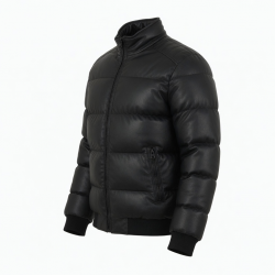 Men's Black Quilted Casual Leather Travel Elegant Zip Front Puffer Jacket