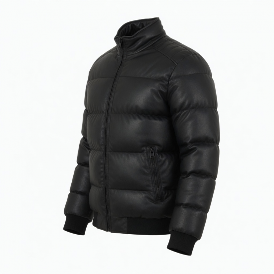 Men's Black Quilted Casual Leather Travel Elegant Zip Front Puffer Jacket