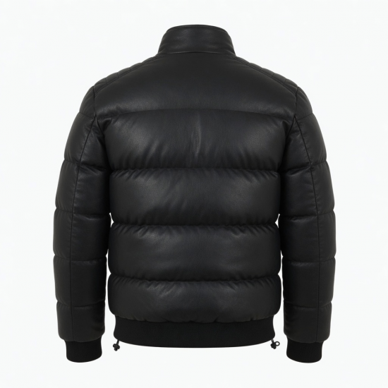 Men's Black Quilted Casual Leather Travel Elegant Zip Front Puffer Jacket