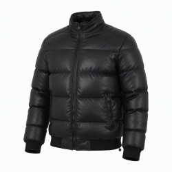 Men's Black Quilted Casual Leather Travel Elegant Zip Front Puffer Jacket