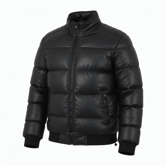 Men's Black Quilted Casual Leather Travel Elegant Zip Front Puffer Jacket
