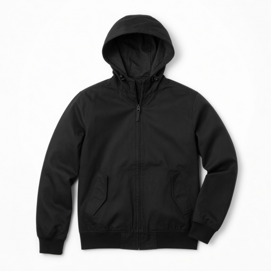 Men's Black Hooded Windproof Cotton Casual Regular Fit Bomber Jacket