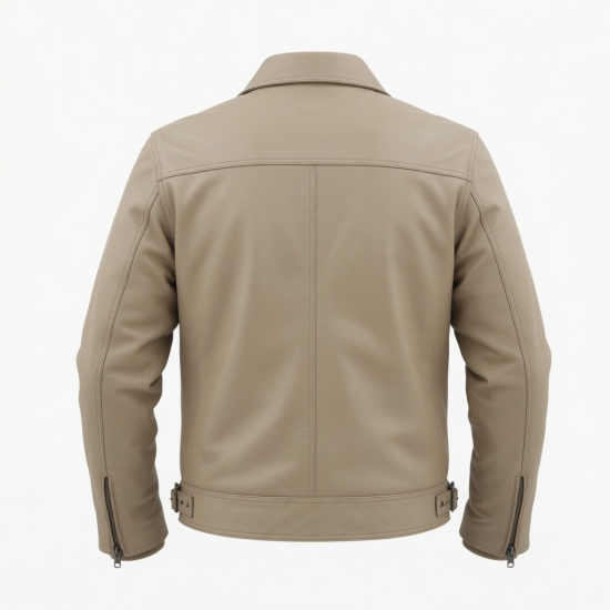 Men's Beige Casual Leather Regular Fit Winter Motorcycle Jacket