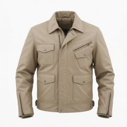 Men's Beige Casual Leather Regular Fit Winter Motorcycle Jacket