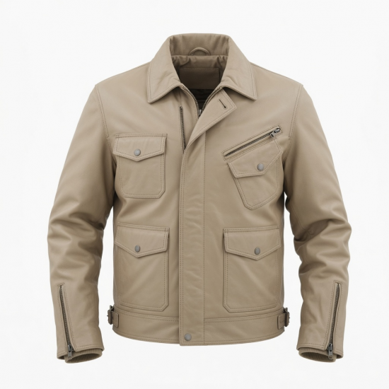 Men's Beige Casual Leather Regular Fit Winter Motorcycle Jacket