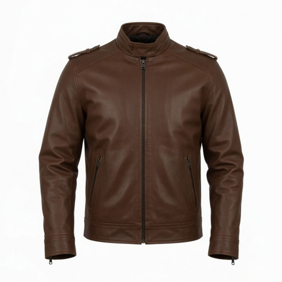 Men's Brown Regular Fit Zip Front Leather Jacket
