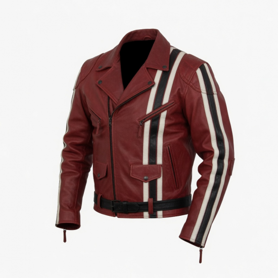 Men's Red Striped Vintage Leather Performance Racing Motorcycle Jacket