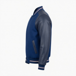 Men's Blue Casual Leather Performance Regular Fit Varsity Jacket