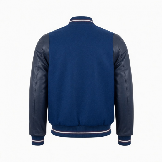 Men's Blue Casual Leather Performance Regular Fit Varsity Jacket