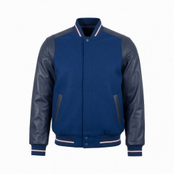 Men's Blue Casual Leather Performance Regular Fit Varsity Jacket