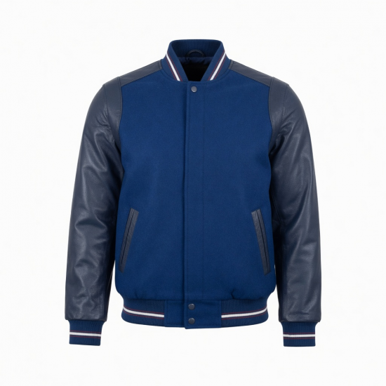 Men's Blue Casual Leather Performance Regular Fit Varsity Jacket