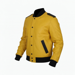 Men's Yellow Leather Performance Racing Button Front Bomber Jacket