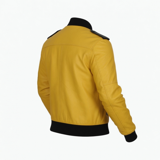 Men's Yellow Leather Performance Racing Button Front Bomber Jacket