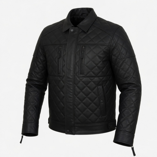 Men's Black Quilted Waterproof Leather Travel Motorcycle Jacket