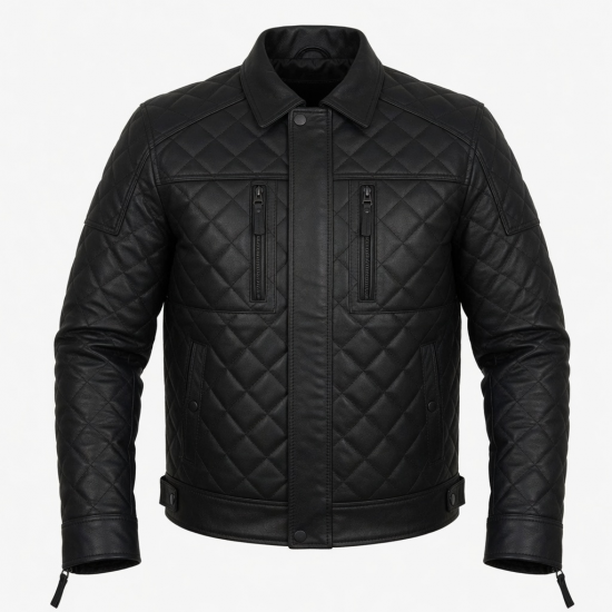 Men's Black Quilted Waterproof Leather Travel Motorcycle Jacket