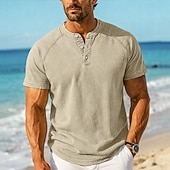 Men T Shirt Henley Shirt 100% Cotton Acid Wash Shirt Tee Top Short Sleeve Henley Summer Spring Fall Solid Color Plain Vintage Streetwear Casual Washed Raglan Sleeves Casual Home Street Light Blue