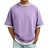 Mens 100% Cotton Acid Wash Shirt Short Sleeve Crew Neck Summer Spring Plain Retro Vintage Casual Vintage Style Fake two piece Washed Casual Blue Purple Green Top Tee for Men